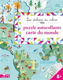 Les ateliers du calme ; autocollants puzzles carte du monde ; pochette avec accessoires